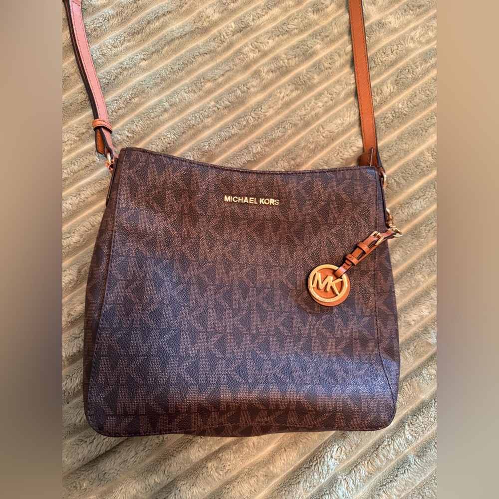 Michael Kors Brown Logo Crossbody with Gold MK Charm